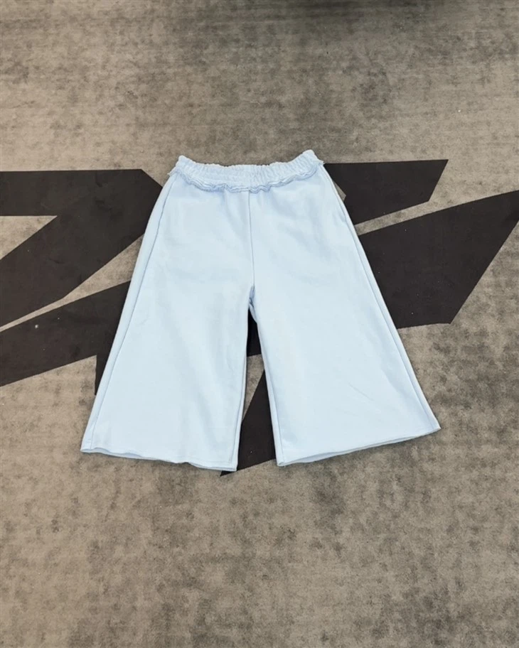 Wholesale OEM koton bout pantalon limyè ble volan culottes elastik ren janm lajè Kornit DTG enprime